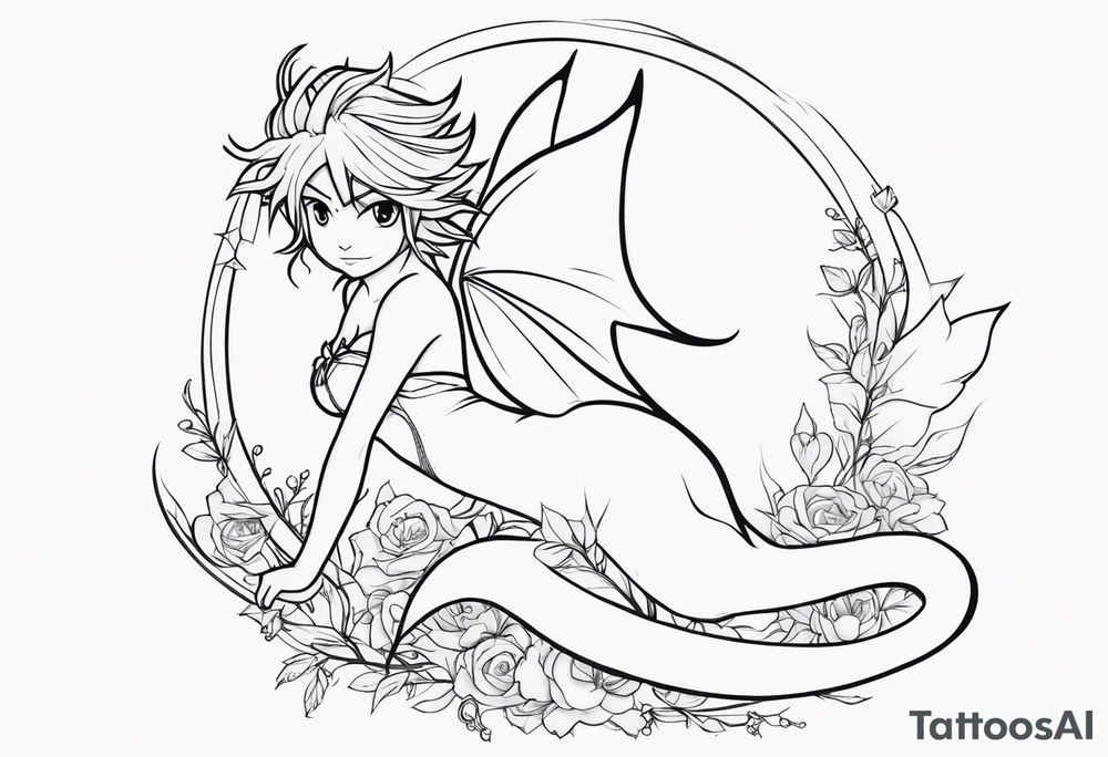 A fairy with a tail inspired by the logo of the show called Fairy Tail in a fetal position leaning in tattoo idea
