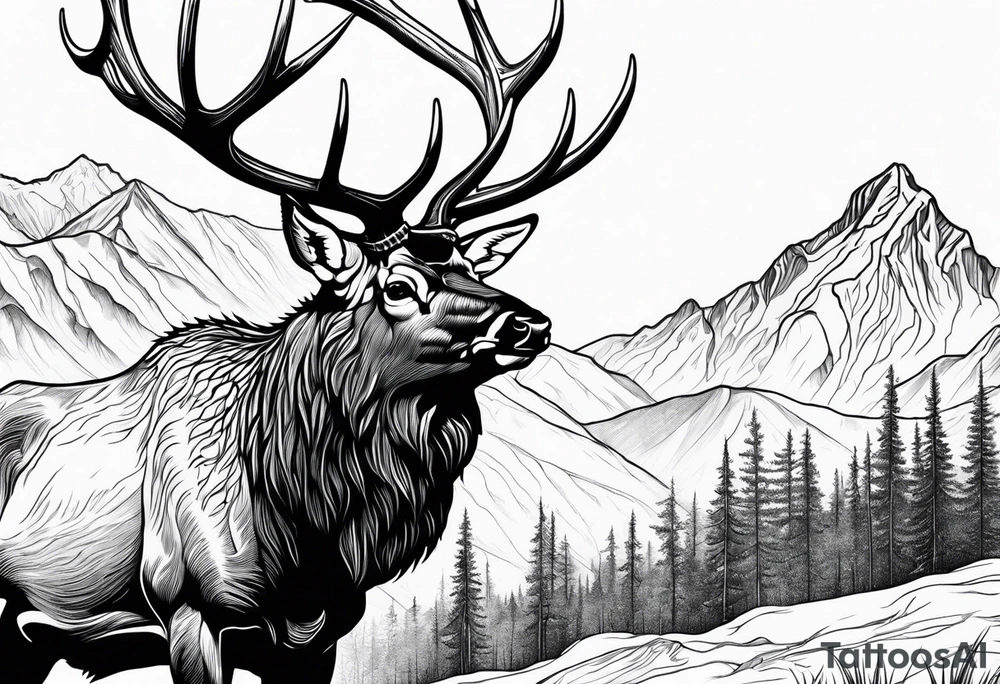 bull elk with mountain landscape in the background tattoo idea