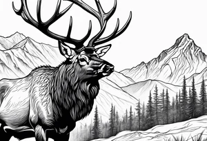 bull elk with mountain landscape in the background tattoo idea