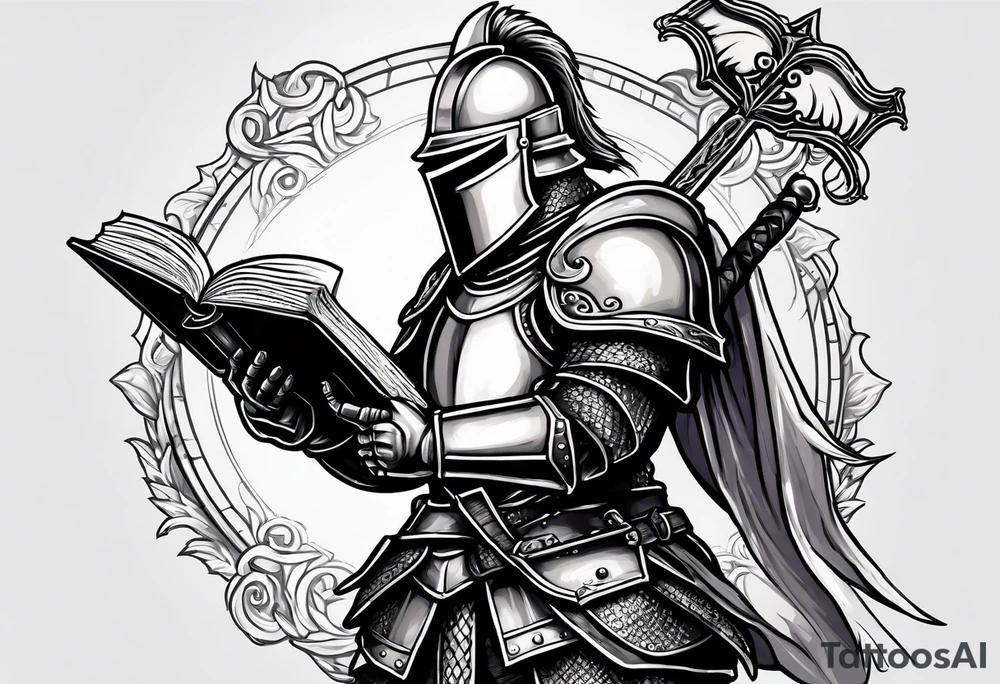 knight holding a bible over his head in combat with both hands tattoo idea