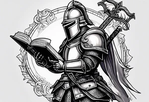 knight holding a bible over his head in combat with both hands tattoo idea