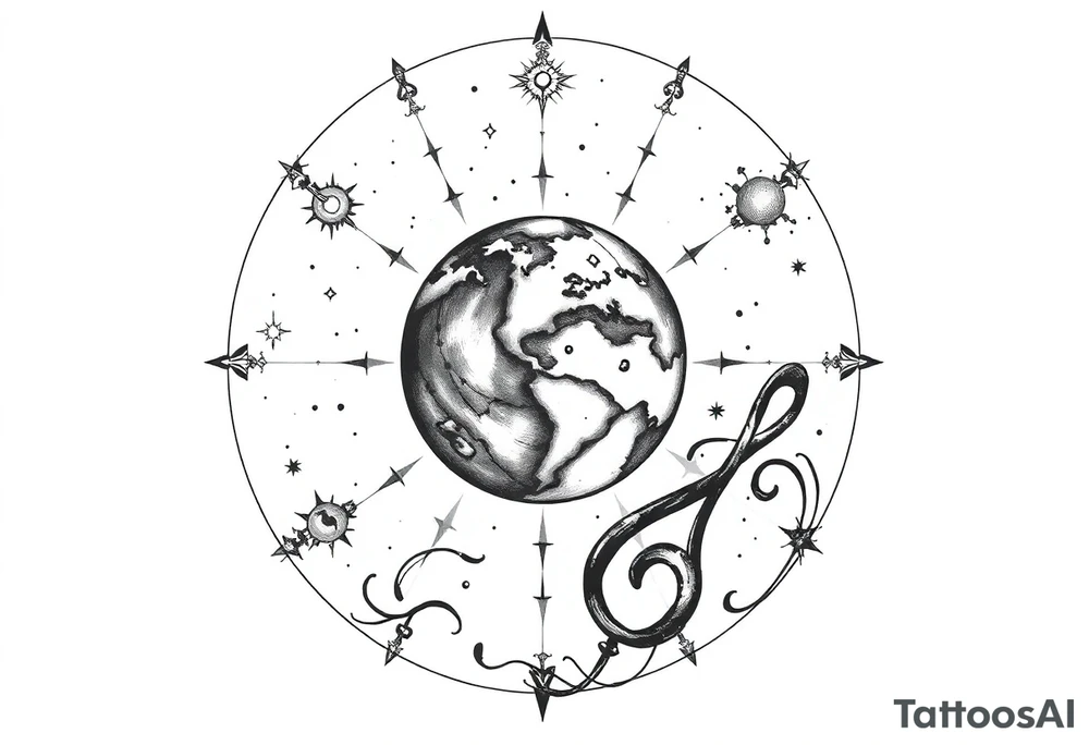 system of the universe with earth and a clef for my love to music, I am zodiac auqarius and my child is the best tattoo idea