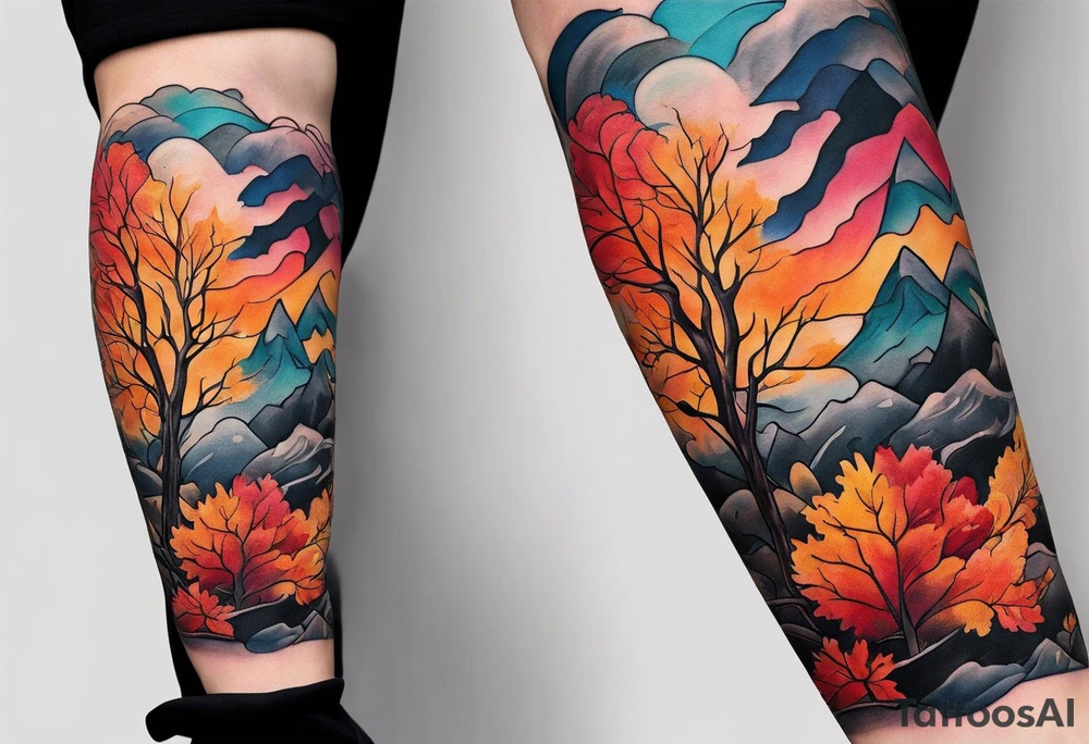 Arm Sleeve Tattoo with fall colors,  flattened tattoo idea