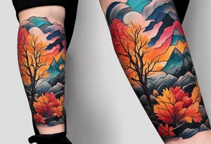Arm Sleeve Tattoo with fall colors,  flattened tattoo idea