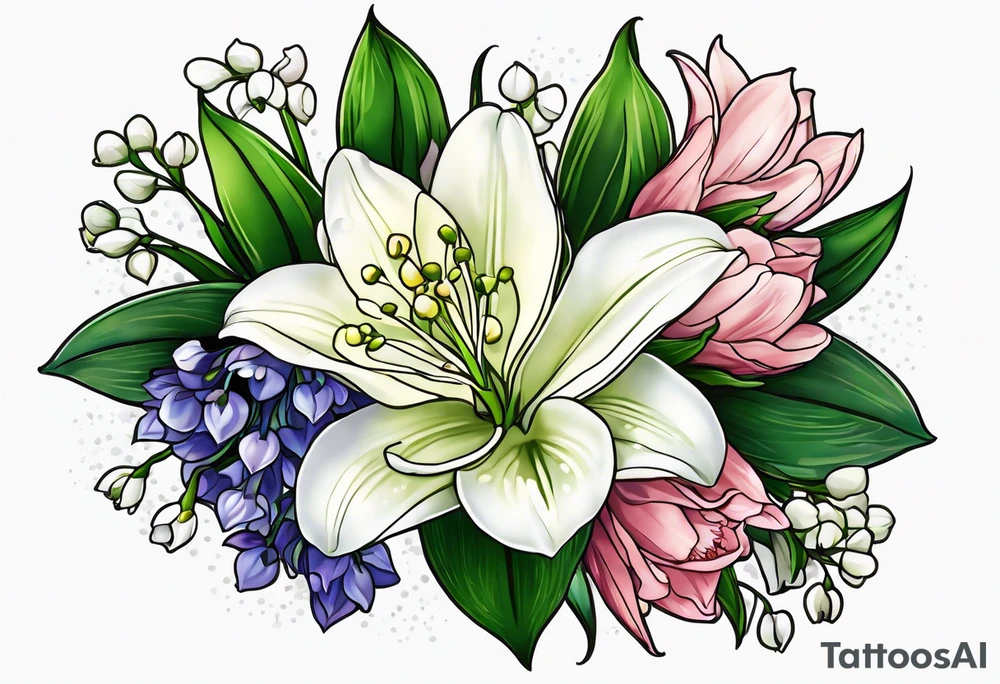 Larkspur, Lily of the valley, water, lily, Hawthorne, flower, carnation, snowdrop flower half sleeve tattoo idea