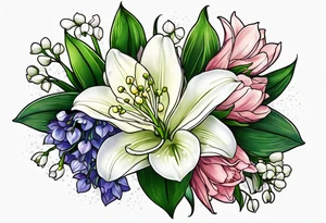 Larkspur, Lily of the valley, water, lily, Hawthorne, flower, carnation, snowdrop flower half sleeve tattoo idea