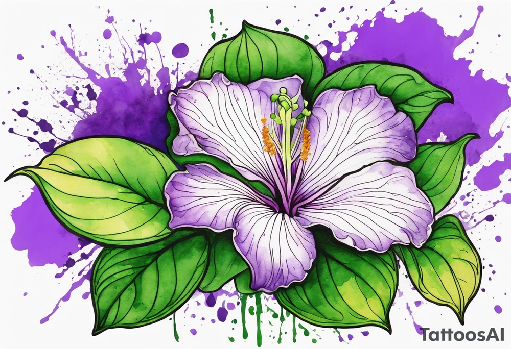 An outline of a rio dipladenia flower with green pedals and a purple watercolor splash in the background tattoo idea