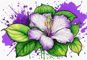 An outline of a rio dipladenia flower with green pedals and a purple watercolor splash in the background tattoo idea