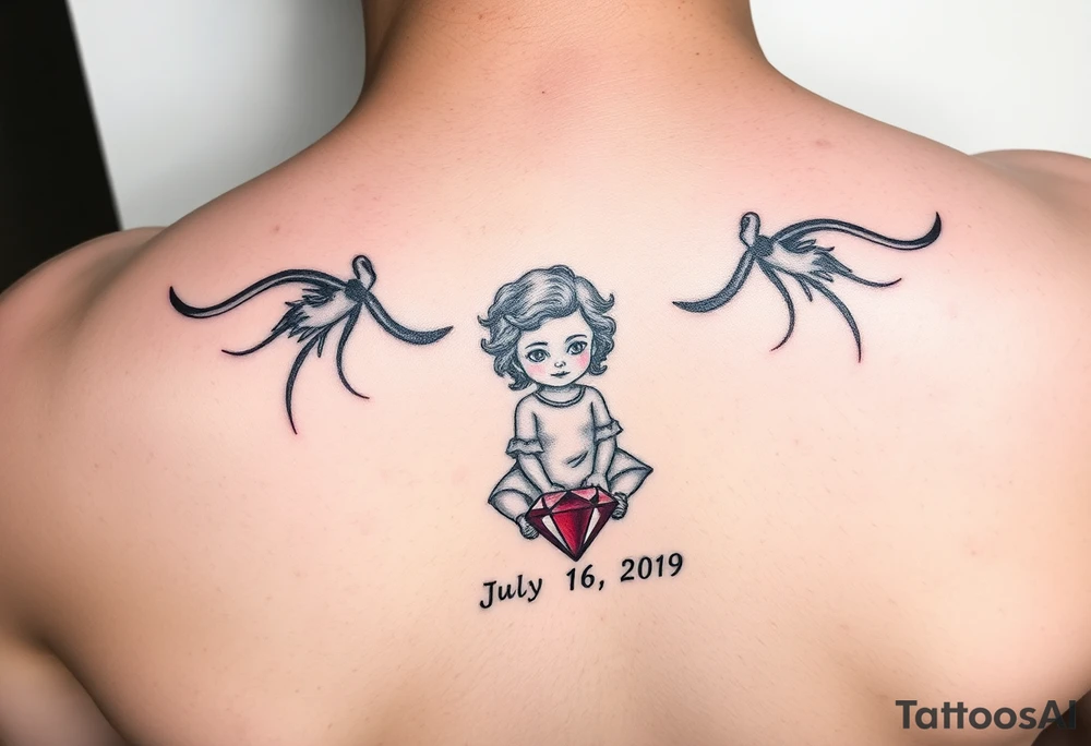Ruby gemstone with a little girl with the birthday July 6, 2019 to fit on lower ankle tattoo idea