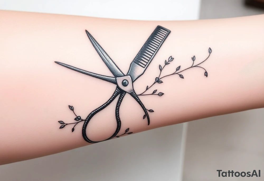 large scissor. with a comb, blow-dryer. then groups of hair bobby pins randomly placed. with vines weaving throughout tattoo idea