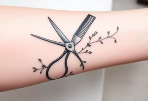 large scissor. with a comb, blow-dryer. then groups of hair bobby pins randomly placed. with vines weaving throughout tattoo idea