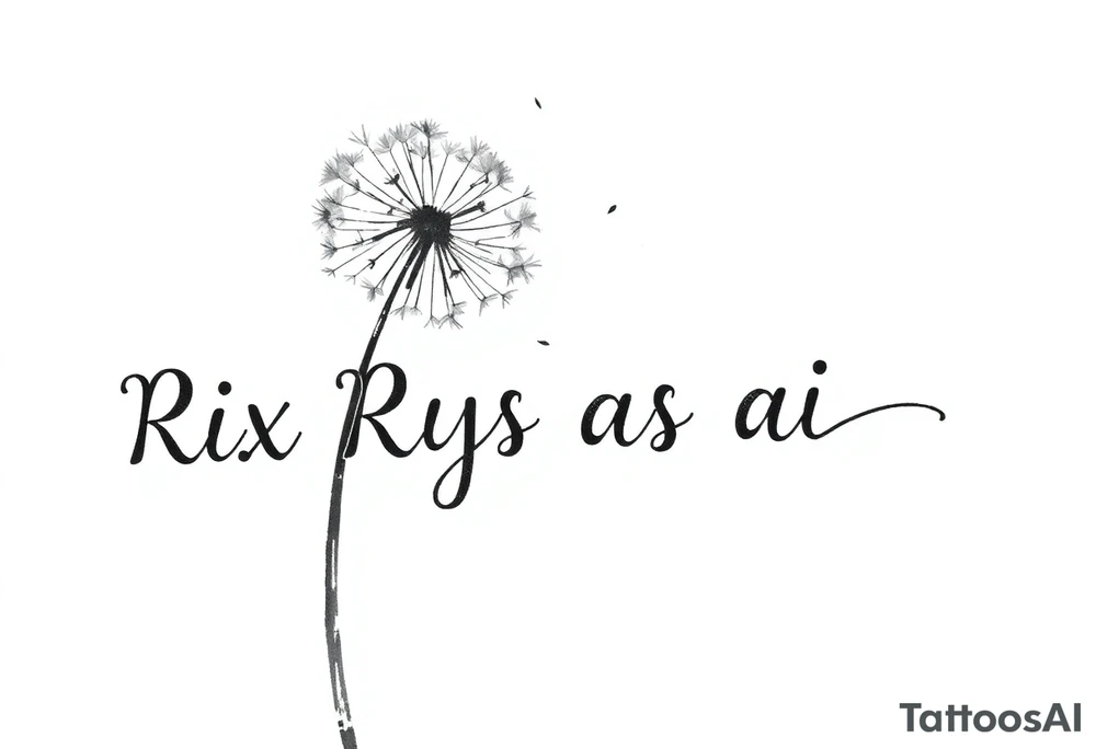 This image showcases a black-and-white watercolor-style illustration of a dandelion. The dandelion is depicted in fine detail, with its delicate seeds dispersing into the air. The artistic approach includes an ink-wash effect, where the stems appear to be dripping down like wet ink or paint, creating a dreamy and fluid aesthetic.

The background is minimalistic, with soft splatters and shading, adding to the abstract and ethereal feel. The contrast between the dark ink and the white background gives the image a striking, modern, and artistic look. It conveys themes of freedom, change, and the fleeting nature of time. Rix Rys Ari realistic drawing tattoo idea
