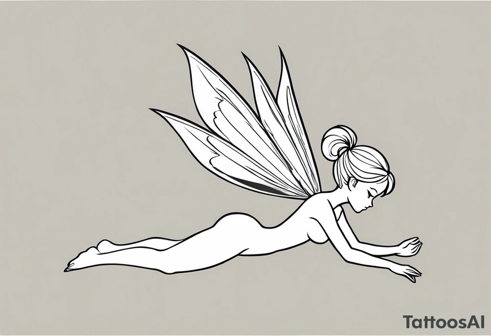 Minimalistic, monochromatic fairy with a tail flying to the left in a fetal position, leaning and looking in the same direction, with visible hands, embodying the 'Fairy Tail' logo aesthetic. tattoo idea
