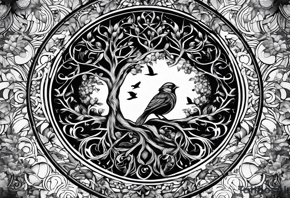 Tree of life in a broken circle with birds representing family members tattoo idea