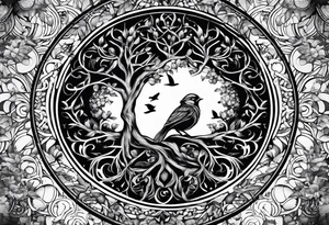 Tree of life in a broken circle with birds representing family members tattoo idea