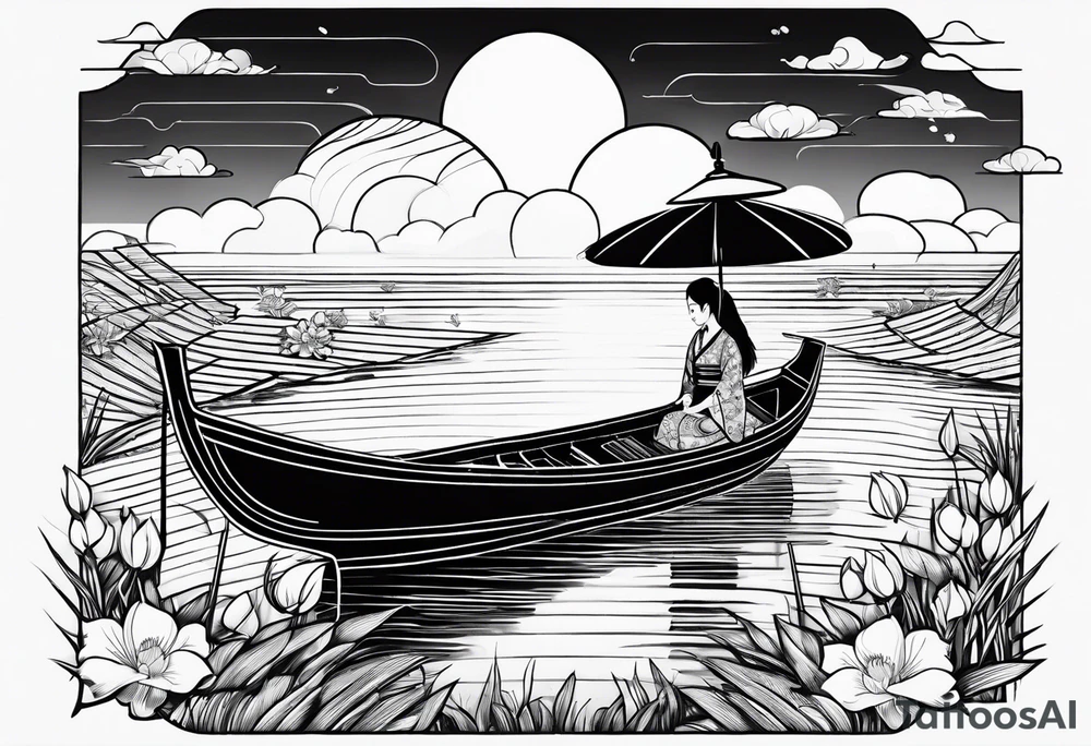 vietnamese lady on boat rice fields water sunset home clouds lanterns tattoo idea