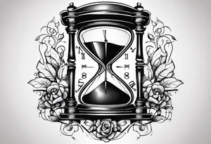 a tattoo mixing a clock integrated with an hourglass an hourglass in black and white where the year 1979 appears. on the amount of the hourglass tattoo idea