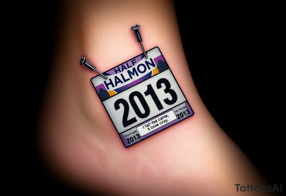 Safety pins through the skin attaching a half marathon racing bib with 2013 and purple and gold accents with “I don’t care, I love it” around the outside tattoo idea