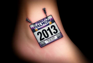 Safety pins through the skin attaching a half marathon racing bib with 2013 and purple and gold accents with “I don’t care, I love it” around the outside tattoo idea