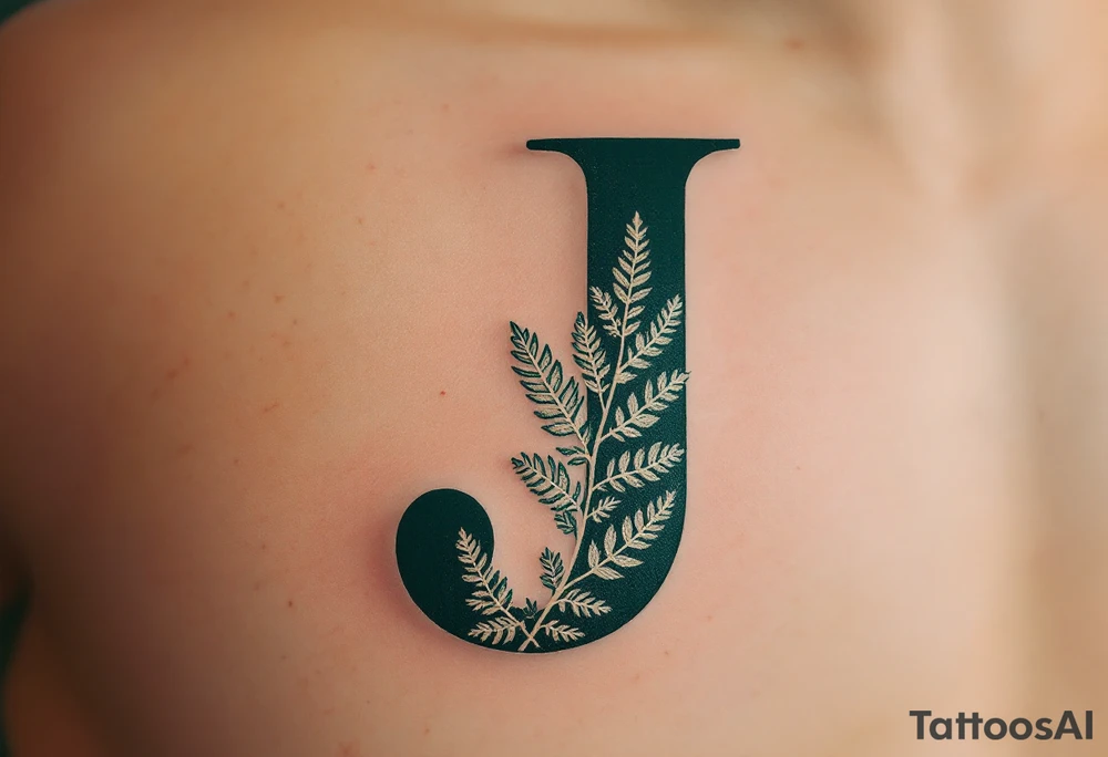 Bold serif "J" in dark forest green with a textured leaf pattern inside the letter. tattoo idea