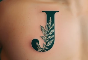 Bold serif "J" in dark forest green with a textured leaf pattern inside the letter. tattoo idea