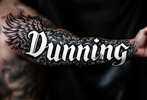 Dunning, Details include on left arm, name in white color,angel wing, wet jungle leaves,cool font, galaxy background filling, tattoo idea