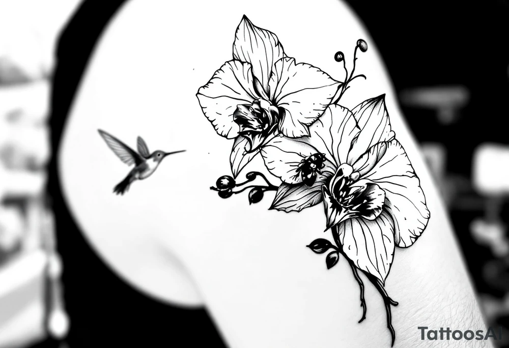 A delicate, black and white fine-line tattoo for male, featuring gracefully detailed 2 orchids in full bloom including their stems, with soft, intricate petals and elegant curves. Beside it, a hummingbird hovers mid-flight, its wings drawn with subtle motion lines, its slender beak reaching toward the orchid’s center to drink its nectar. on the other flower there is a bee that is resting tattoo idea