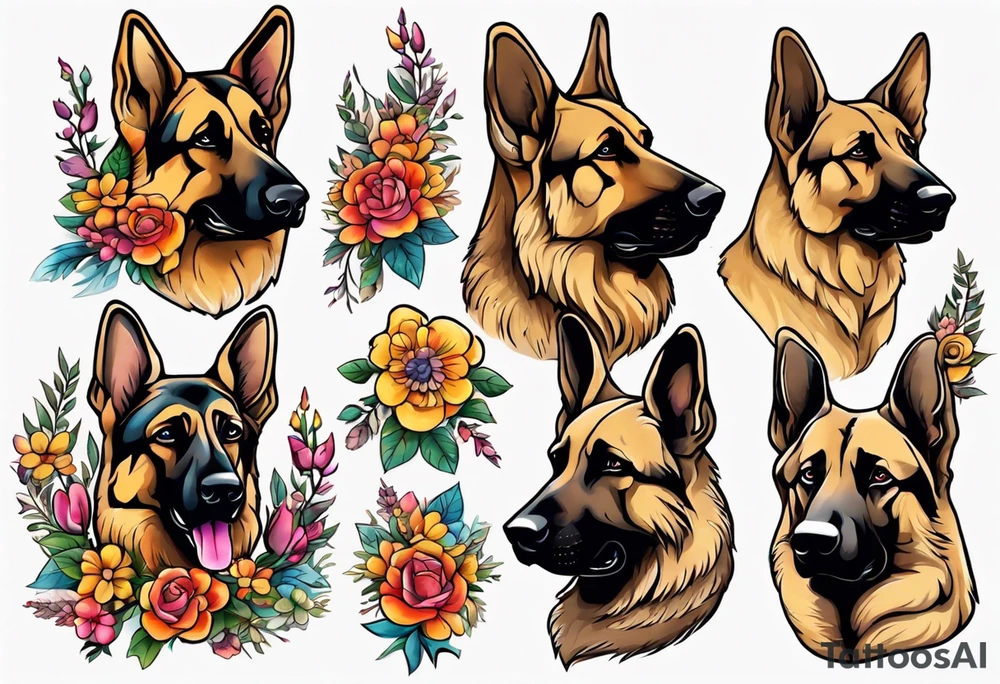 Sable coat German shepherd portrait brightly colored with flowers tattoo idea