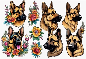 Sable coat German shepherd portrait brightly colored with flowers tattoo idea