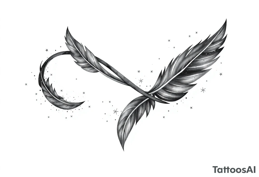 infinity symbol woven with floating feathers and stardust tattoo idea