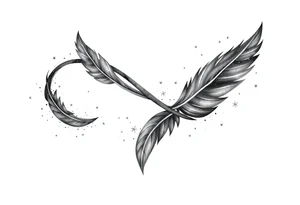 infinity symbol woven with floating feathers and stardust tattoo idea
