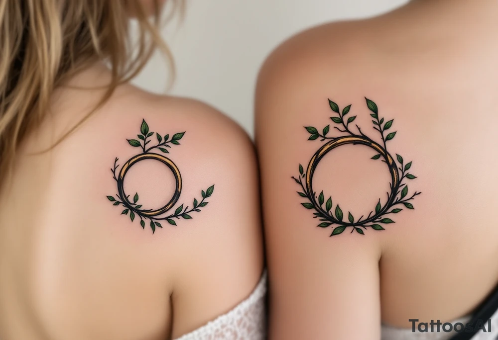 Two matching couples man and women tattoos black tree rings with a splash of green leaves tattoo idea