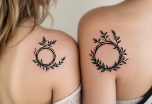 Two matching couples man and women tattoos black tree rings with a splash of green leaves tattoo idea