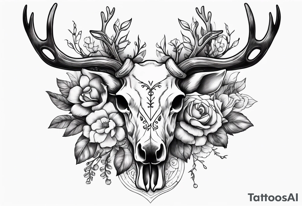 Reindeer skull and flower on horns tattoo idea