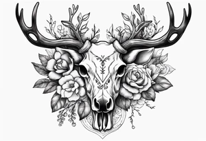 Reindeer skull and flower on horns tattoo idea