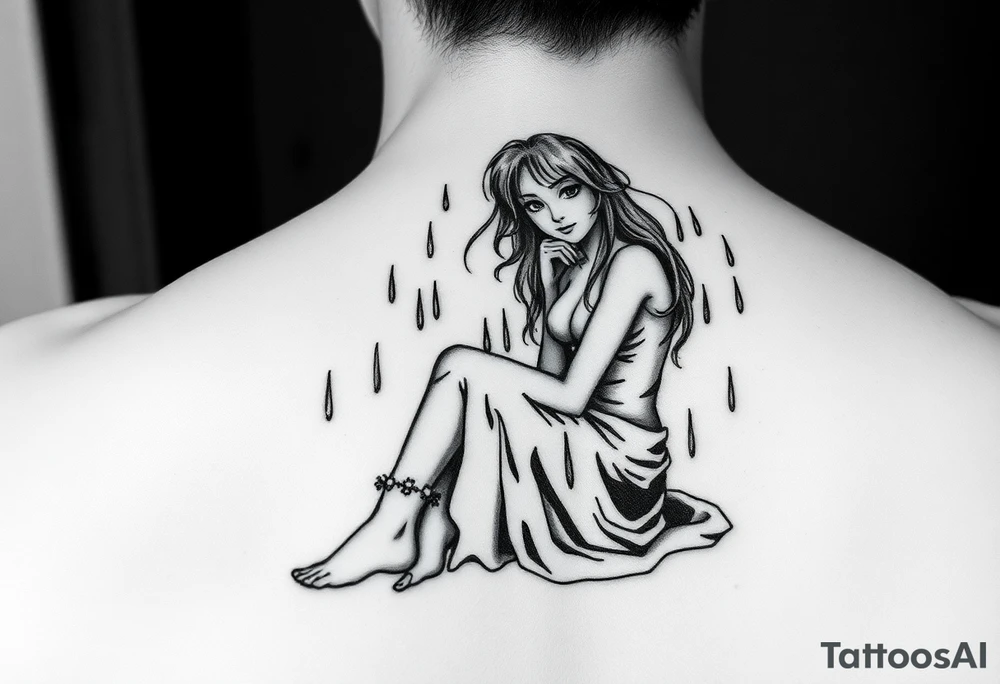 A girl sitting in the rain  letting the rain take her away as it pours as she’s fading tattoo idea