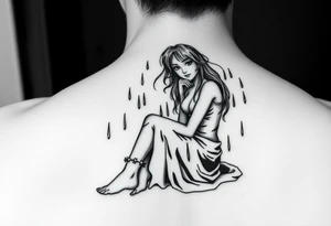 A girl sitting in the rain  letting the rain take her away as it pours as she’s fading tattoo idea