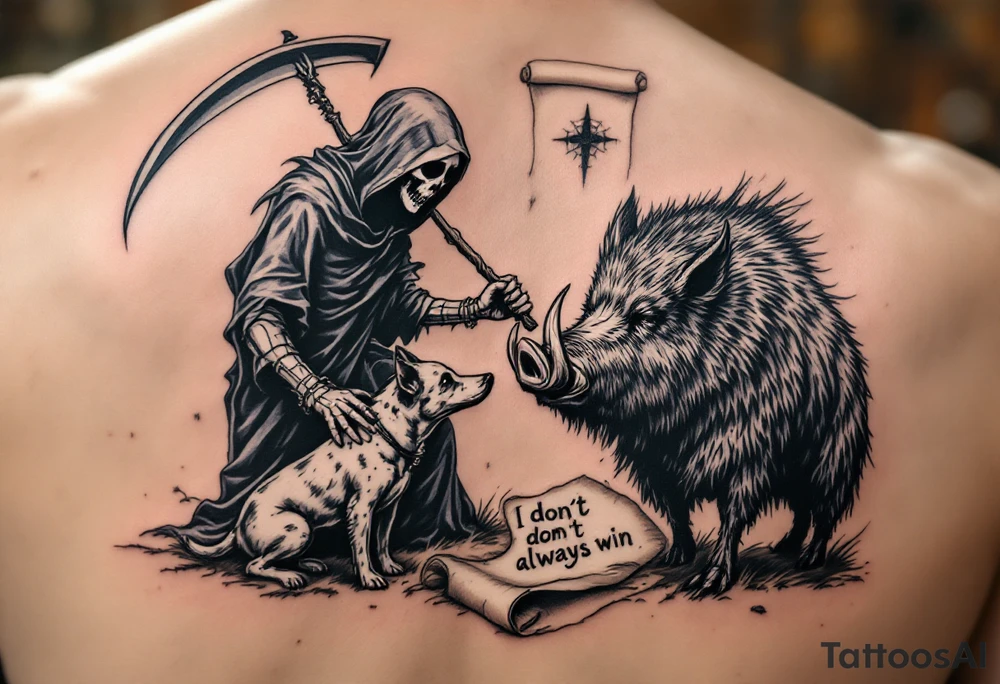 Grim reaper looking down on a hunting dog and big feral boar while holding a scythe and scroll. The scroll has the words “You dont always win” written on it tattoo idea