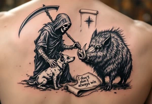 Grim reaper looking down on a hunting dog and big feral boar while holding a scythe and scroll. The scroll has the words “You dont always win” written on it tattoo idea