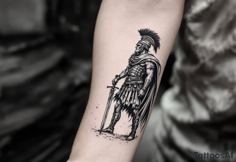 gladiator roman soldier standing colosseum interior combat sword helmet cape sand wind eagle legion tattoo idea