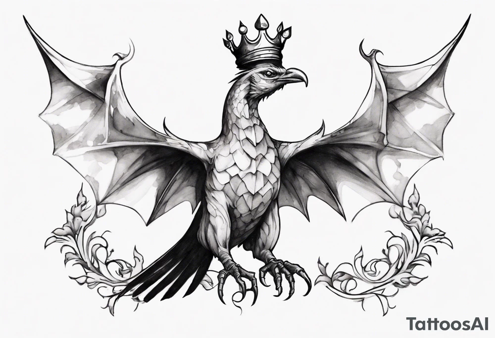 a bird-wyvern hybrid wearing a minimalist crown, flying tattoo idea