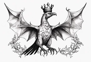 a bird-wyvern hybrid wearing a minimalist crown, flying tattoo idea