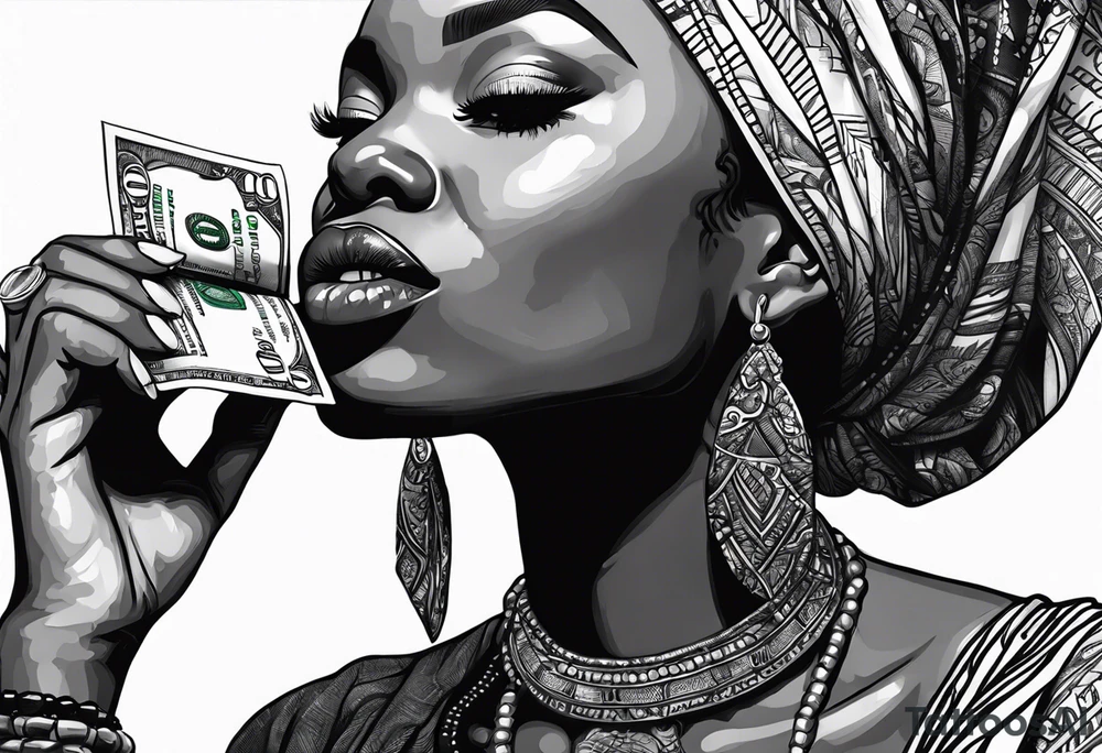 african woman biting money tattoo idea