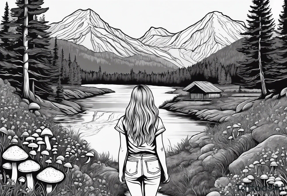 Straight long blonde hair hippie girl in distance holding mushrooms in hand facing away toward mountains and creek surrounded by mushrooms tee shirt hiking pants

Circular picture tattoo idea