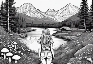 Straight long blonde hair hippie girl in distance holding mushrooms in hand facing away toward mountains and creek surrounded by mushrooms tee shirt hiking pants

Circular picture tattoo idea