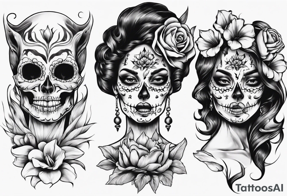 Catrina head with tulip in mouth tattoo idea