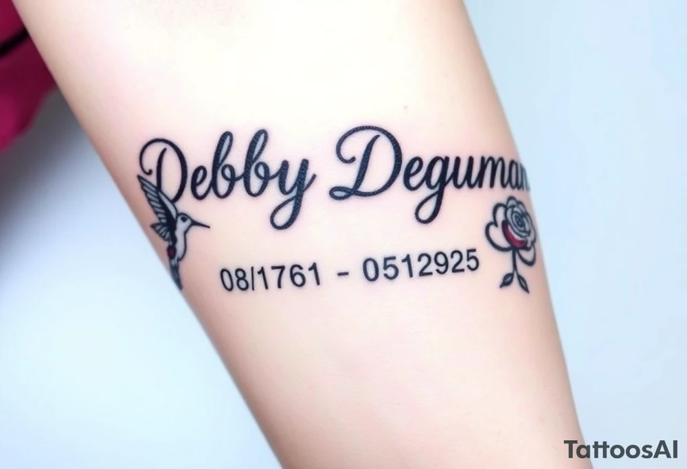 Tattoo of the exact name Debby Deguzman in chunky curly cursive with the exact dates of 08/17/61-05/29/25 surrounded by 1 hummingbird and 1 rose tattoo idea