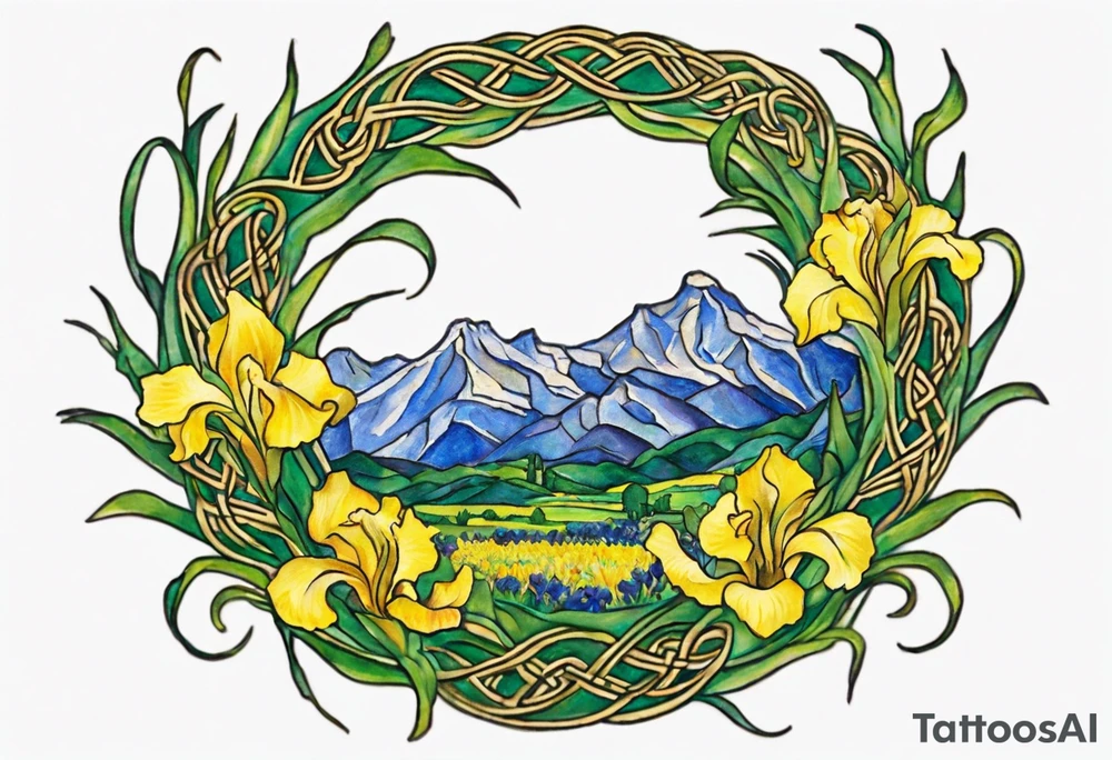 Create a small colorful Vincent van Gogh Irises tattoo in the form of a crescent, with vines or Celtic knots gracefully intertwining at a central point in the middle of the wreath.  In the middle of the wreath are mountains and other items found in New Mexico. Ensure that the design avoids the appearance of a bush and maintains a more structured and deliberate arrangement. The intended placement is on the upper chest. The overall design should be small in size while maintaining a delicate and artistic aesthetic. Pay attention to the graceful flow of the vines and the placement of the irises to achieve a refined and elegant look. tattoo idea