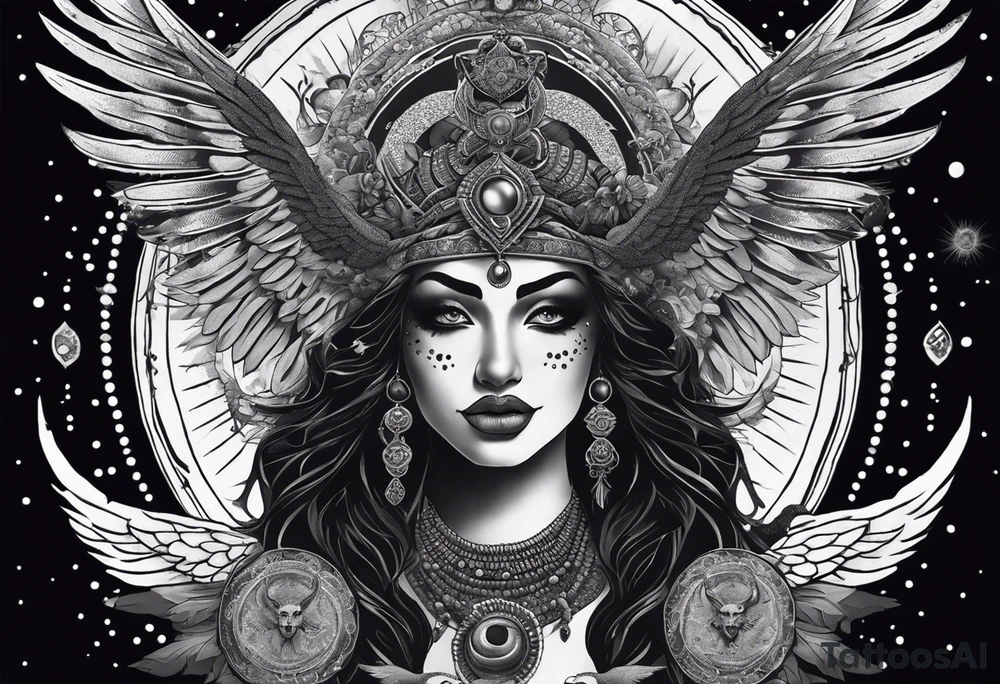 black kali, goddess pirate, alien, angel, pachamama, valkrye, warrior, flying, skull, lotus azul, wing, eagle, zenza resonance, stars, 5D, anahata chakra, death, durga, riding on a tiger, flying lady, kundalini, chest tatoo, samuri, rebel, serpent tattoo idea