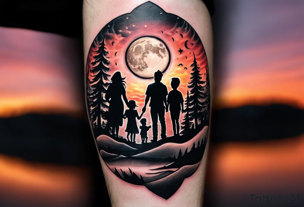 Tattoo of a family of four on a male forearm 
- dad, mom and two boys around a campfire.  Background is a sunset at the bottom, night at the top with a big beautiful moon. tattoo idea